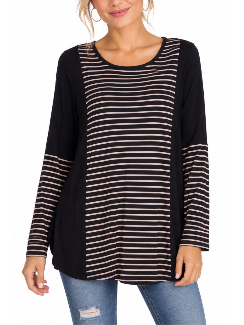 Design History Black long-sleeve top featuring a soft scoop neckline